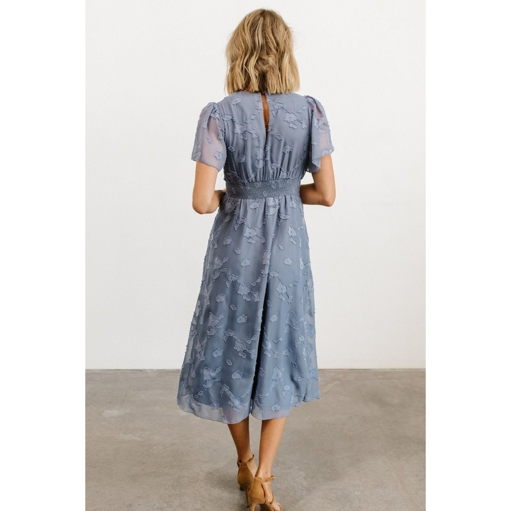 Baltic Born June Smocked Midi Dress Dusty Blue Floral Jacquard Size S New - Picture 2 of 8